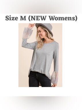 NEW BOMBOM Gray Knit Blouse with Lace Flared Sleeves Pullover Women's Size M